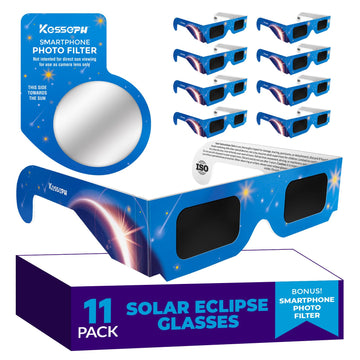 HOT ITEM PICK: Solar Eclipse Glasses Approved 2024, (11 Pack) CE and ISO Certified Solar Eclipse Observation Glasses, Safe Shades for Direct Sun Viewing, Bonus Smartphone Photo Filter Lens, Blue Stars Design