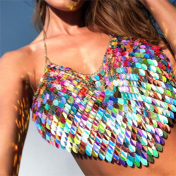 Ultimate Lux Shine Hot Alert Collection: Sequin Melon Sling Top - Backless Sexy Sequin Chest Necklace Sling