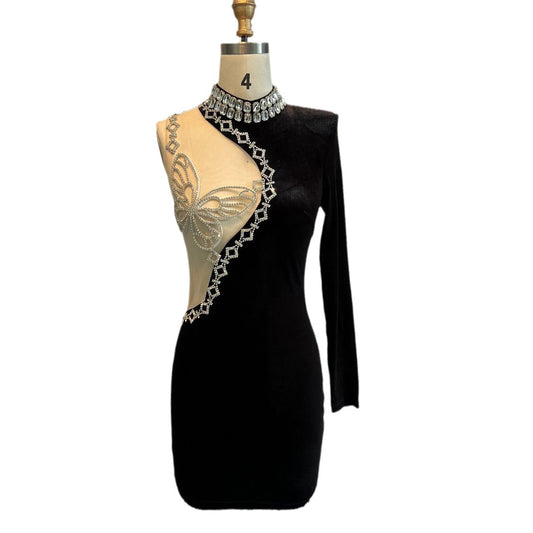 Elegant Short Black Dress with Rhinestone Butterfly Detail