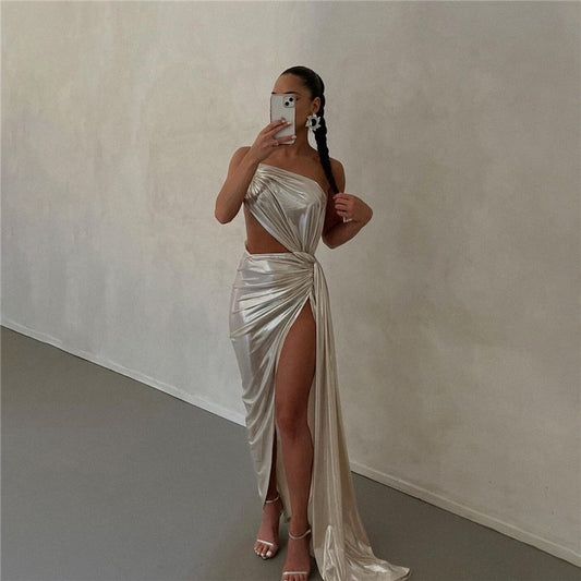Women Metallic Coated fabric Slit Design Slim Dress